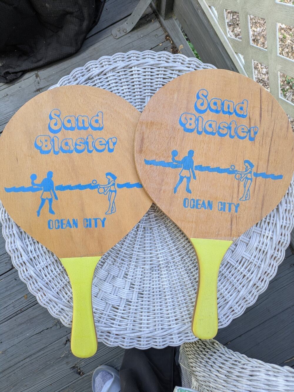 RARE VTG Sand Blaster Ocean City Paddle Ball Set of 2 – 1960s Wood Beach Paddles